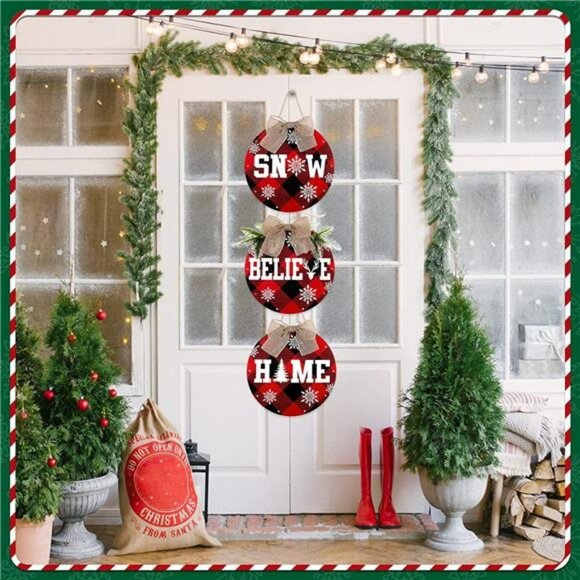 3 Pcs Christmas Buffalo Plaid Wreath Decoration LED Lights Hanging Sign Wooden - Picture 7 of 7